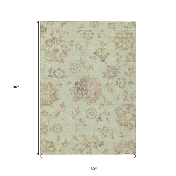 5' X 8' Artichoke Green Mint Green And Taupe Floral Washable Indoor Outdoor Area Rug