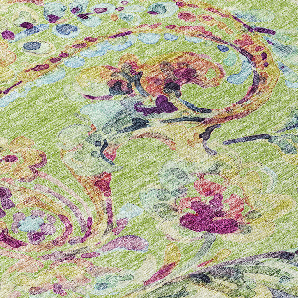 9' X 12' Artichoke Green Green And Pink Paisley Washable Indoor Outdoor Area Rug