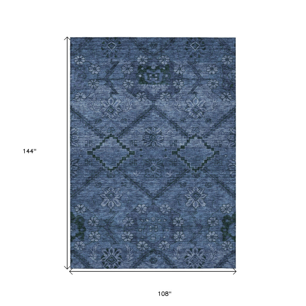 9' X 12' Navy Blue And Denim Blue Floral Washable Indoor Outdoor Area Rug