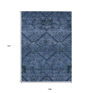 9' X 12' Navy Blue And Denim Blue Floral Washable Indoor Outdoor Area Rug