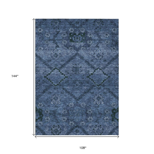 9' X 12' Navy Blue And Denim Blue Floral Washable Indoor Outdoor Area Rug