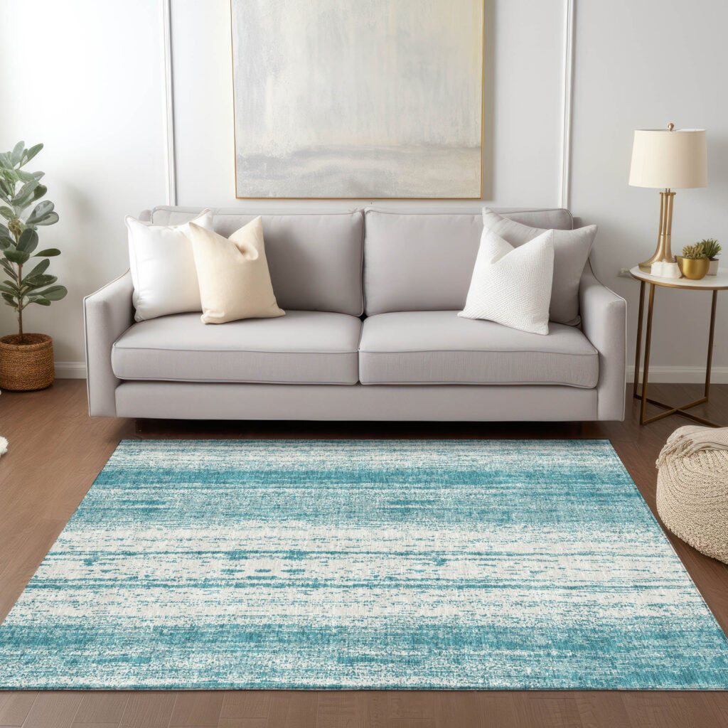 3' X 5' Teal Blue And Ivory Striped Washable Indoor Outdoor Area Rug