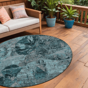 8' Round Teal and Gray Round Floral Washable Non Skid Indoor Outdoor Area Rug