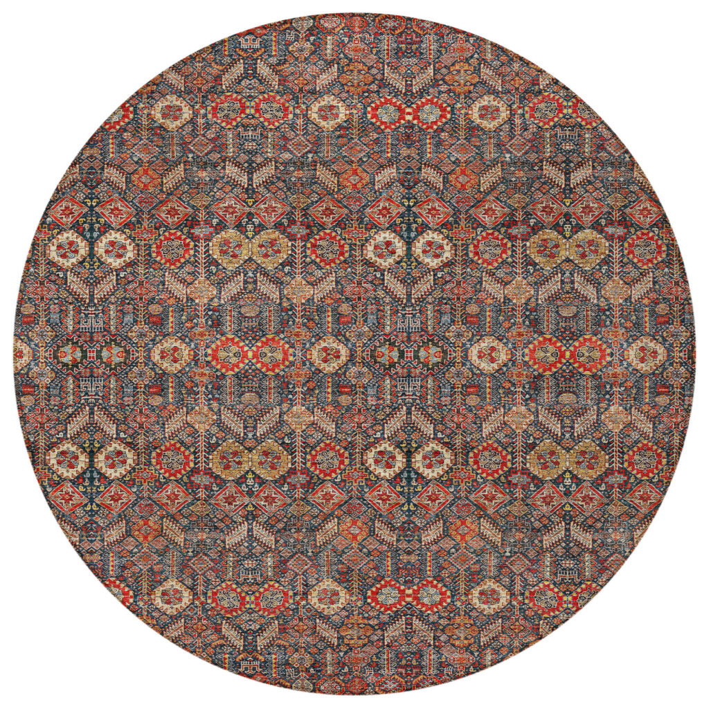 8' Round Red and Dark Blue Round Floral Washable Non Skid Indoor Outdoor Area Rug