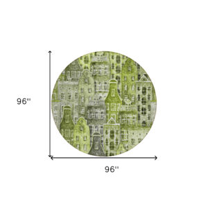 8' Green And Lime Green Round Village Houses Washable Indoor Outdoor Area Rug