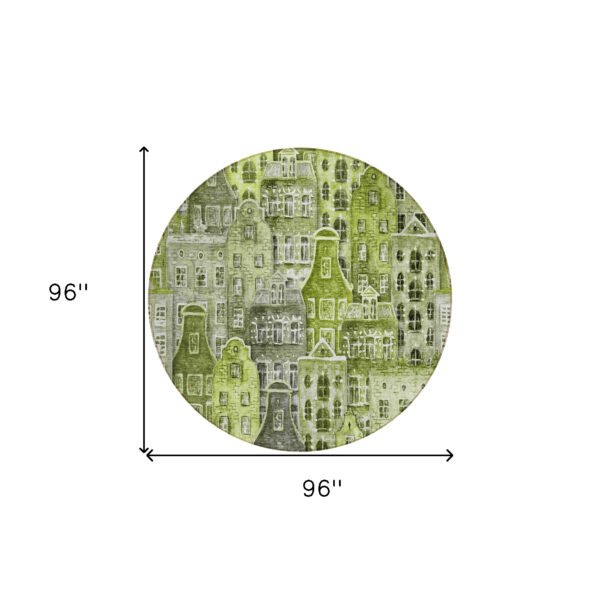 8' Green And Lime Green Round Village Houses Washable Indoor Outdoor Area Rug
