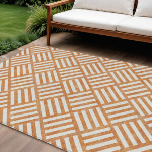 10' X 14' Orange And Ivory Geometric Washable Indoor Outdoor Area Rug