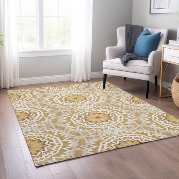 3' X 5' Gold Gray And Ivory Floral Medallion Washable Indoor Outdoor Area Rug