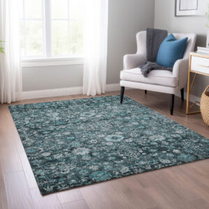 10' X 14' Dark Green Aqua And Charcoal Oriental Washable Indoor Outdoor Area Rug