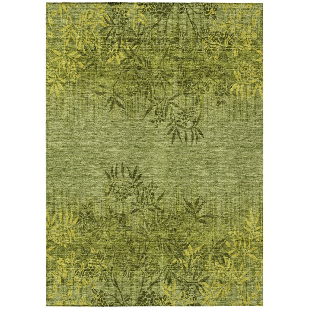 8' X 10' Olive Green And Fern Green Floral Washable Indoor Outdoor Area Rug
