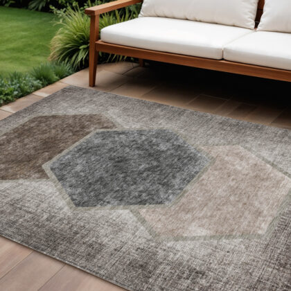 10' X 14' Chocolate And Taupe Geometric Washable Indoor Outdoor Area Rug