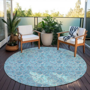 8' Aqua Blue And Silver Round Floral Washable Indoor Outdoor Area Rug