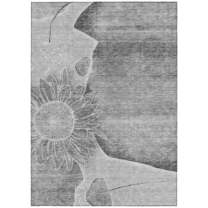 3' X 5' Gray Silver And Charcoal Floral Washable Indoor Outdoor Area Rug