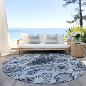 8' Denim Blue And Sky Blue Round Moroccan Washable Indoor Outdoor Area Rug