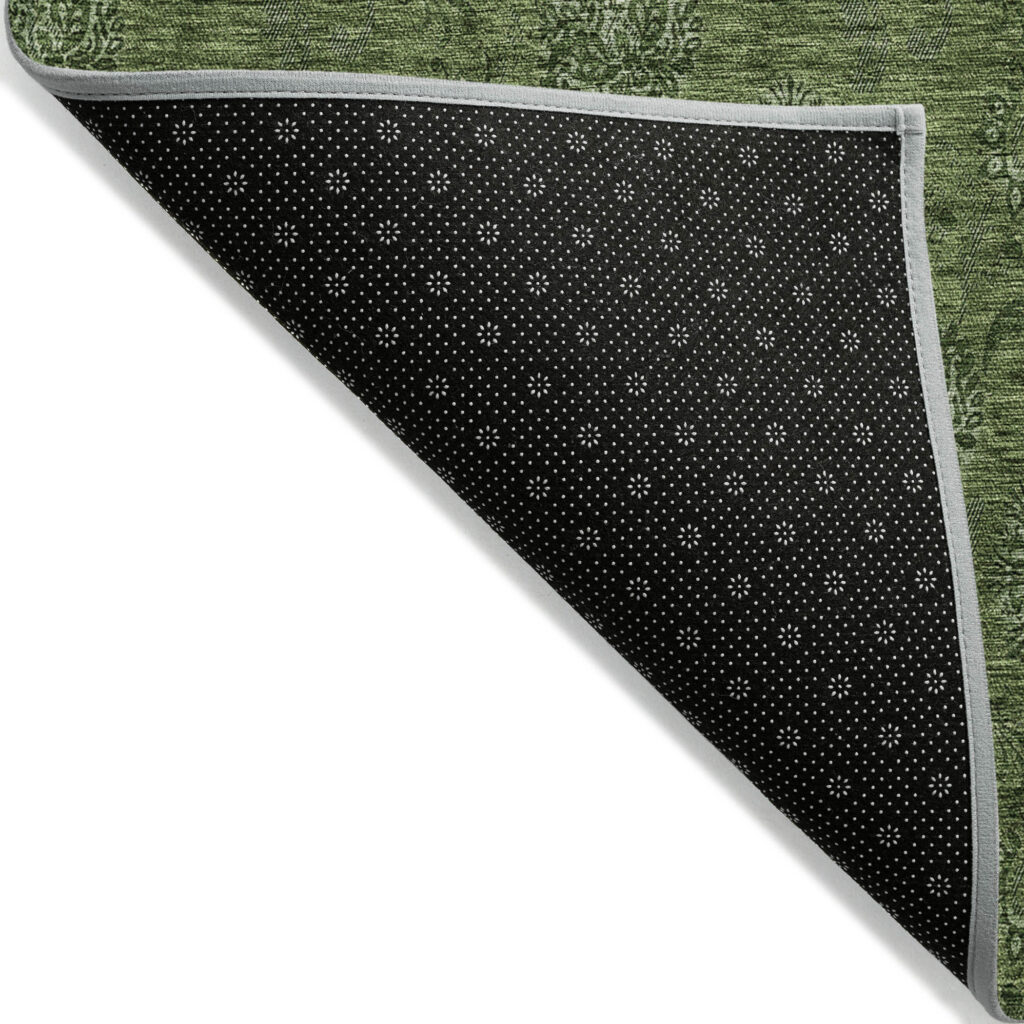 9' X 12' Olive Green And Green Floral Washable Indoor Outdoor Area Rug