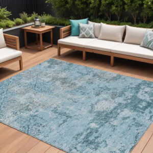 9' X 12' Teal Blue Aqua And Gray Floral Washable Indoor Outdoor Area Rug