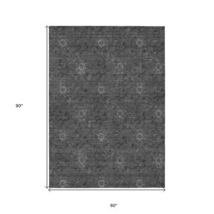 5' X 8' Gray And Charcoal Floral Washable Indoor Outdoor Area Rug