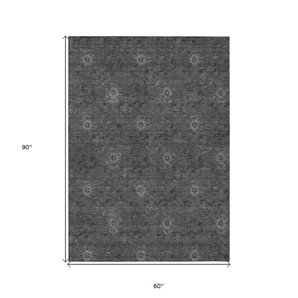 5' X 8' Gray And Charcoal Floral Washable Indoor Outdoor Area Rug