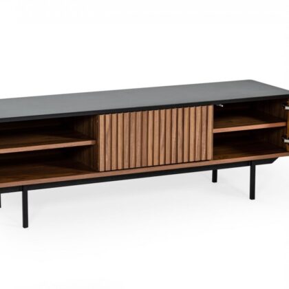 63" Walnut And Gray Wood Open And Enclosed Storage TV Stand