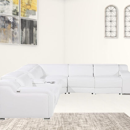 White Italian Leather Power Reclining Curved Six Piece Corner Sectional With Console