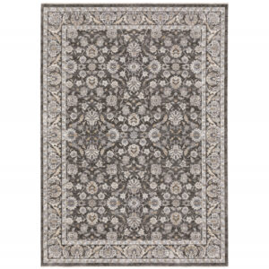 8' X 11' Grey And Ivory Oriental Power Loom Stain Resistant Area Rug With Fringe