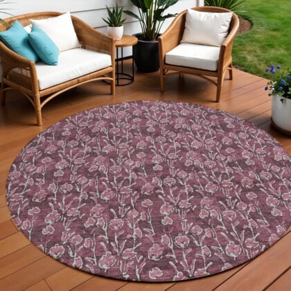 8' Merlot Mauve And Ivory Round Floral Washable Indoor Outdoor Area Rug