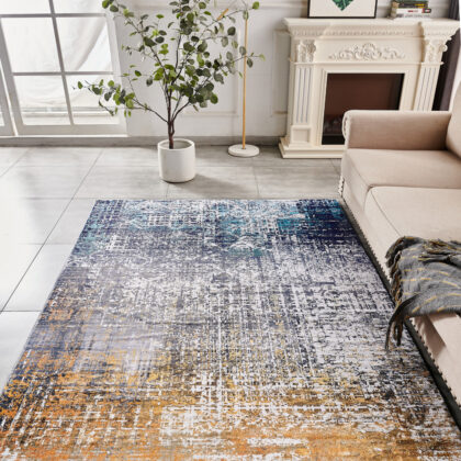 2' x 3' Blue and Silver Abstract Shag Printed Washable Non Skid Area Rug