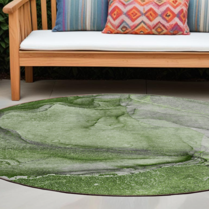 8' Round Olive Green Round Abstract Washable Non Skid Indoor Outdoor Area Rug