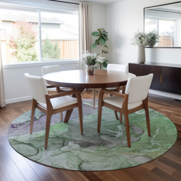 8' Round Green Round Abstract Washable Non Skid Indoor Outdoor Area Rug
