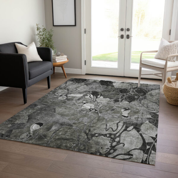 5' X 8' Gray Abstract Washable Indoor Outdoor Area Rug