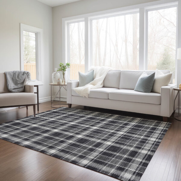 10' X 14' Black Gray and White Plaid Washable Non Skid Indoor Outdoor Area Rug