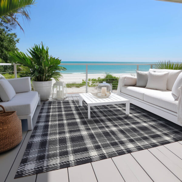 10' X 14' Black Gray and White Plaid Washable Non Skid Indoor Outdoor Area Rug