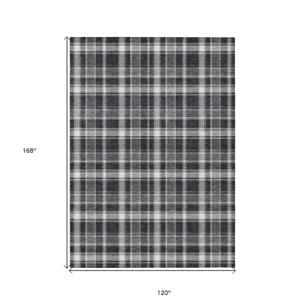 10' X 14' Black Gray and White Plaid Washable Non Skid Indoor Outdoor Area Rug