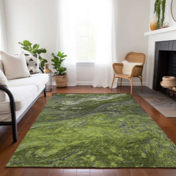 10' X 14' Olive Green And Lime Green Abstract Washable Indoor Outdoor Area Rug