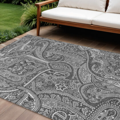 9' X 12' Gray Silver And Charcoal Paisley Washable Indoor Outdoor Area Rug