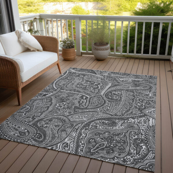 9' X 12' Gray Silver And Charcoal Paisley Washable Indoor Outdoor Area Rug
