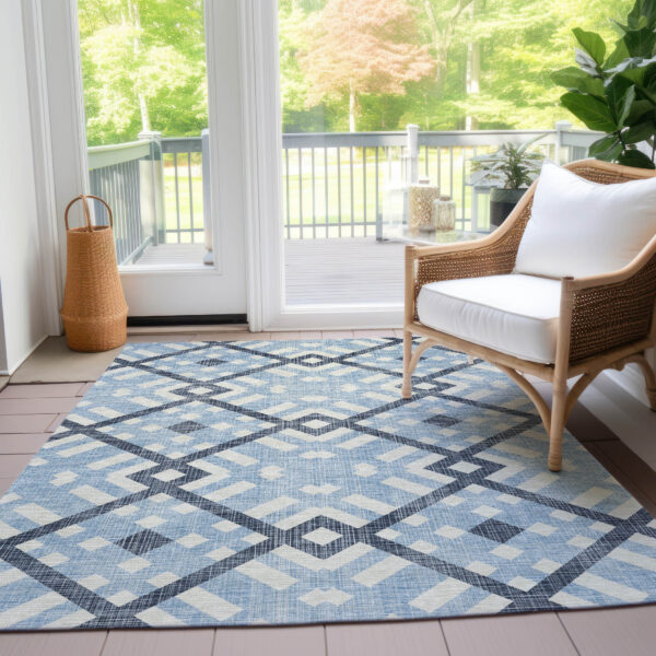 8' X 10' Sky Blue Navy Blue And Ivory Geometric Washable Indoor Outdoor Area Rug