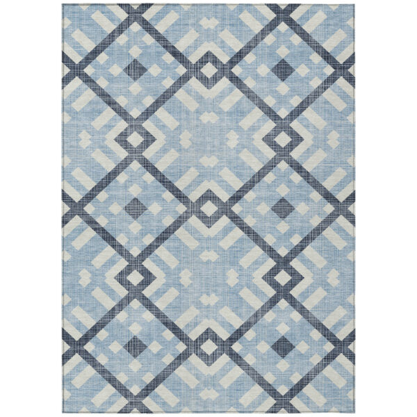 8' X 10' Sky Blue Navy Blue And Ivory Geometric Washable Indoor Outdoor Area Rug