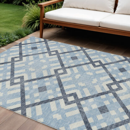 8' X 10' Sky Blue Navy Blue And Ivory Geometric Washable Indoor Outdoor Area Rug