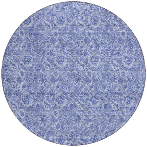 8' Denim Blue And Navy Blue Round Floral Washable Indoor Outdoor Area Rug