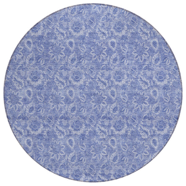 8' Denim Blue And Navy Blue Round Floral Washable Indoor Outdoor Area Rug