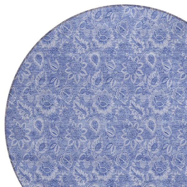 8' Denim Blue And Navy Blue Round Floral Washable Indoor Outdoor Area Rug