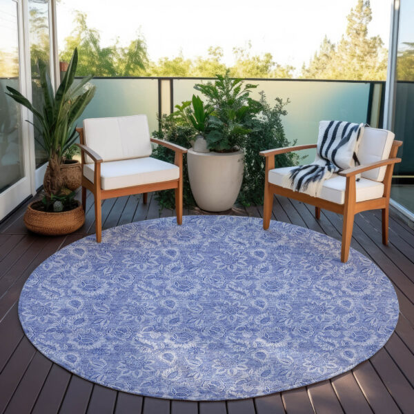 8' Denim Blue And Navy Blue Round Floral Washable Indoor Outdoor Area Rug