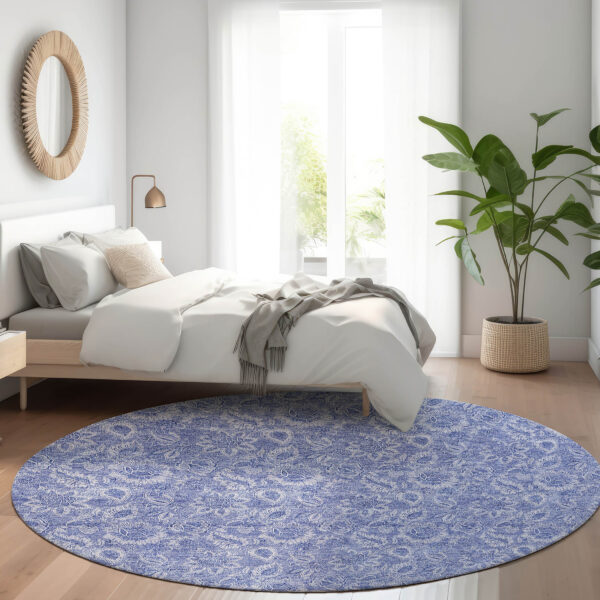 8' Denim Blue And Navy Blue Round Floral Washable Indoor Outdoor Area Rug