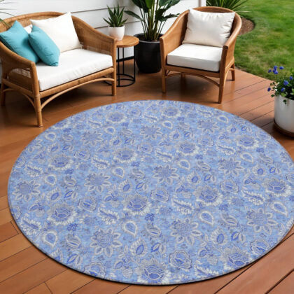 8' Denim Blue And Navy Blue Round Floral Washable Indoor Outdoor Area Rug