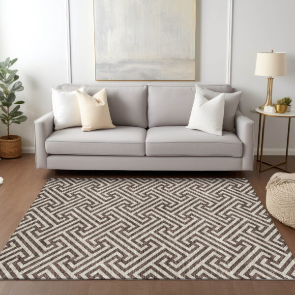 9' X 12' Brown And Beige Geometric Washable Indoor Outdoor Area Rug