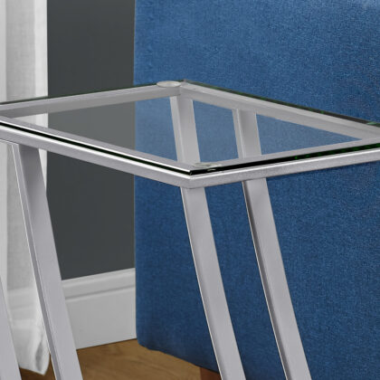 15.75" X 12" X 24" Silver Clear Metal Tempered Glass Accent Table