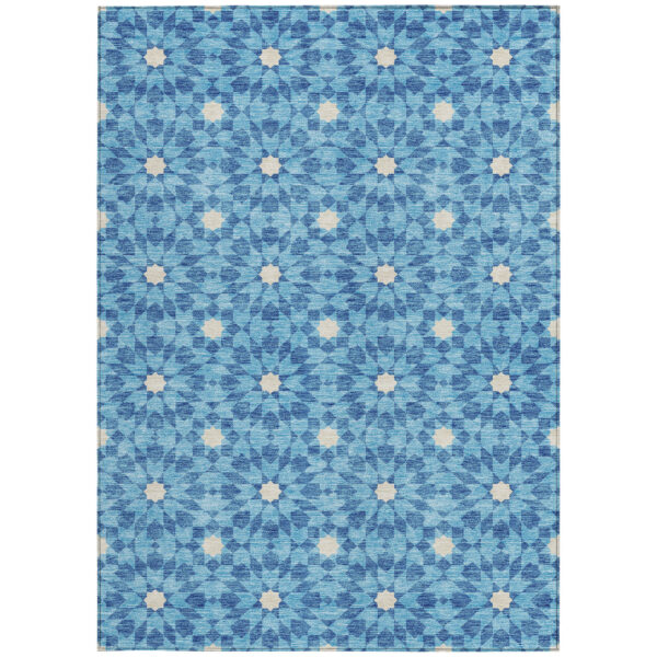 9' X 12' Denim Blue And Ivory Floral Medallion Washable Indoor Outdoor Area Rug