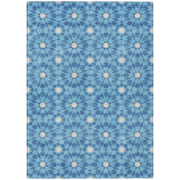9' X 12' Denim Blue And Ivory Floral Medallion Washable Indoor Outdoor Area Rug
