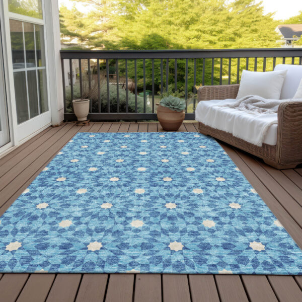 9' X 12' Denim Blue And Ivory Floral Medallion Washable Indoor Outdoor Area Rug